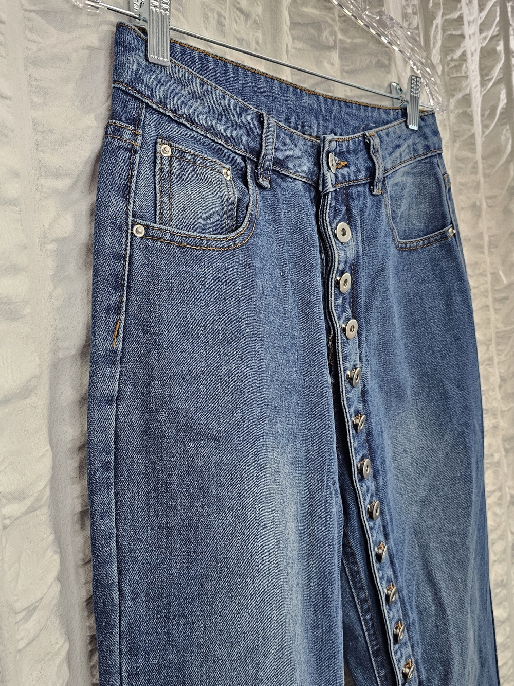 Dark Blue High Rise Boho Button-Front Flare Jeans With Button Details - Picture 5 of 15